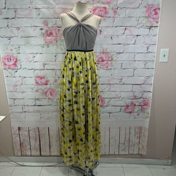 Ryu yellow floral accordion pleated halter maxi dress - Picture 1 of 11